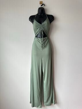 Liz & Sara Olive Green Cutout Halter Wide Leg Jumpsuit Size L Y2K Festival
